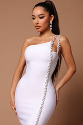 One-Shoulder Long Chain Mini Dress-White
