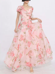 Floral Ruffled Short Sleeve Maxi Dress