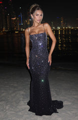 ALEKA ELEGANT BACKLESS RHINESTONE MAXI DRESS