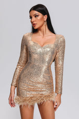 Sequin Sweetheart Neck Feather Hem Mini Dress-Gold