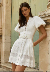 V-neck Puff Sleeve Belt Waist Mini Dress