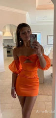 Simple Orange Strapless Short Homecoming Dress with Puff Sleeves, HD3237