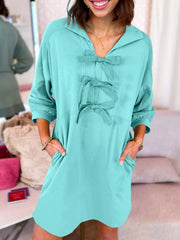 Bow Front Collared Side Pocket Shift Mini Dress
