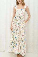 Printed Square Neck Wide Strap Maxi Dress