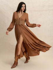 Long Sleeve Button-Front Maxi Dress