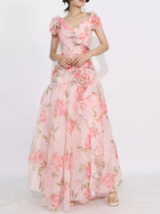 Floral Ruffled Short Sleeve Maxi Dress