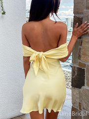 Simple Yellow Off the Shoulder Short Homecoming Dress with Bow Detailing, HD32792