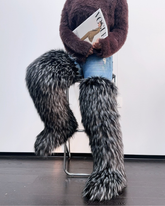 Dora Faux Fur Thigh Boots In Black & Grey