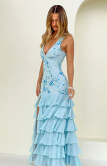 Eleanor Blue Sequin Ruffle Hem Maxi Dress
