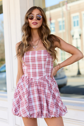 Blaire Pink Plaid Bubble Hem Mini Dress