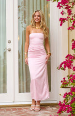 Pink Bloom Satin Strapless Maxi Dress