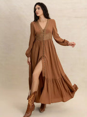 Long Sleeve Button-Front Maxi Dress