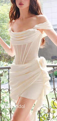Stunning Off the Shoulder Cowl Neck Corset Top Pleated Ruffle Ivory Soft Satin Short Homecoming Dress, Mini Skirt, PD382257