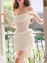 Stunning Off the Shoulder Cowl Neck Corset Top Pleated Ruffle Ivory Soft Satin Short Homecoming Dress, Mini Skirt, PD382257