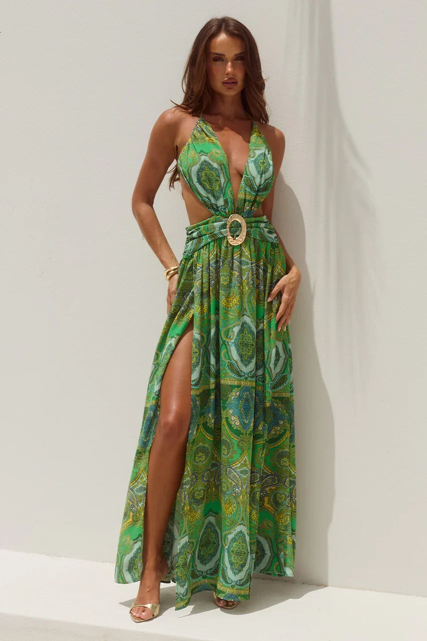 FONTANA DEEP PLUNGE MAXI DRESS - INDIANA GREEN