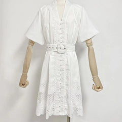 V-neck Puff Sleeve Belt Waist  Mini Dress
