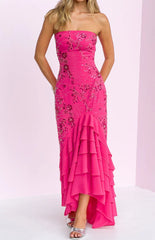 Khai Pink Ruffle Maxi Beaded Dress