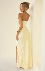 Sasha Yellow Ruched Twist Satin Maxi Dress - PRE ORDER