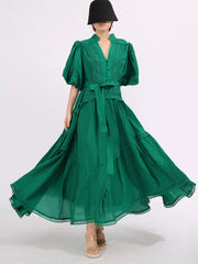 Lace Detail Notched Puff Sleeve Maxi Dress