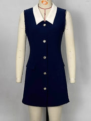 Contrast Collar Button-Front Sleeveless Mini Dress
